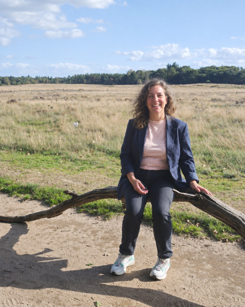 Vrouw zit lachend op een omgevallen tak aan de rand van de Ginkelse Heide