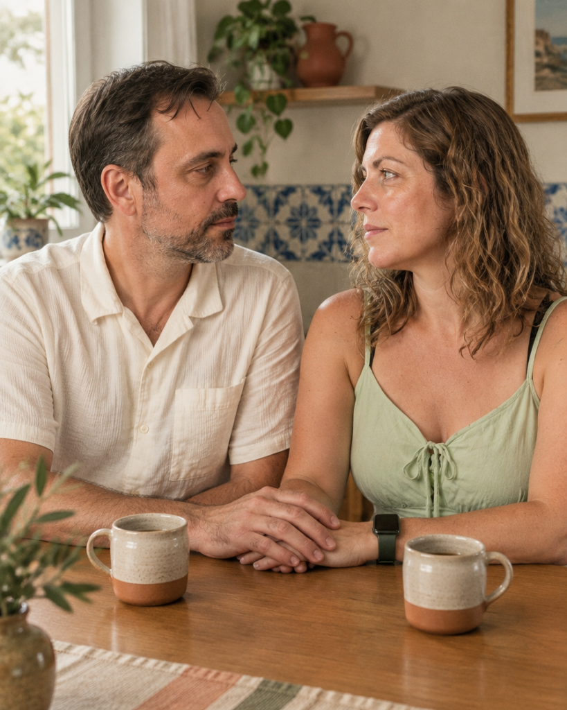 Bruno en Sheila aan de keukentafel met twee koffiekoppen, zijn hand op de hare, steun na miskraam