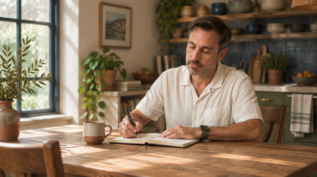 Bruno schrijft alleen in een notitieboek aan een houten keukentafel bij ochtendlicht, miskraam verwerken als man