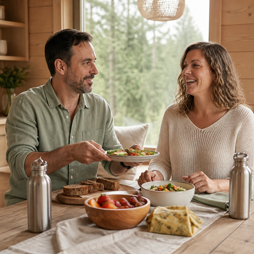 Stel luncht gezond in een houten vakantiehuisje met uitzicht op het bos en duurzame drinkflessen