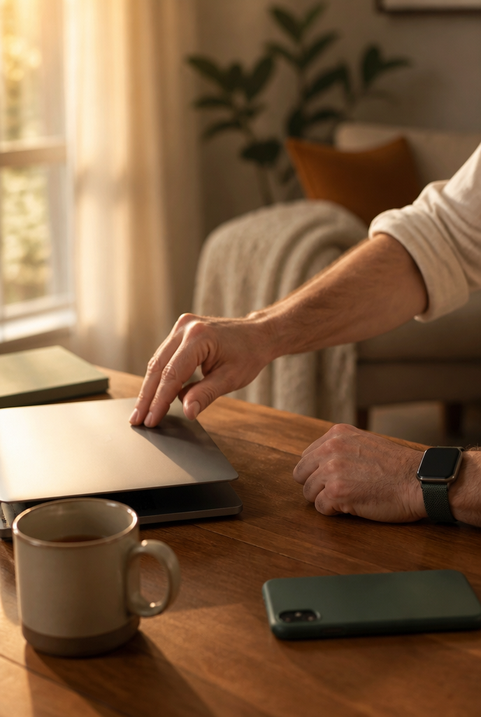 Man klapt aan het eind van de werkdag zijn laptop dicht, telefoon omgekeerd op tafel