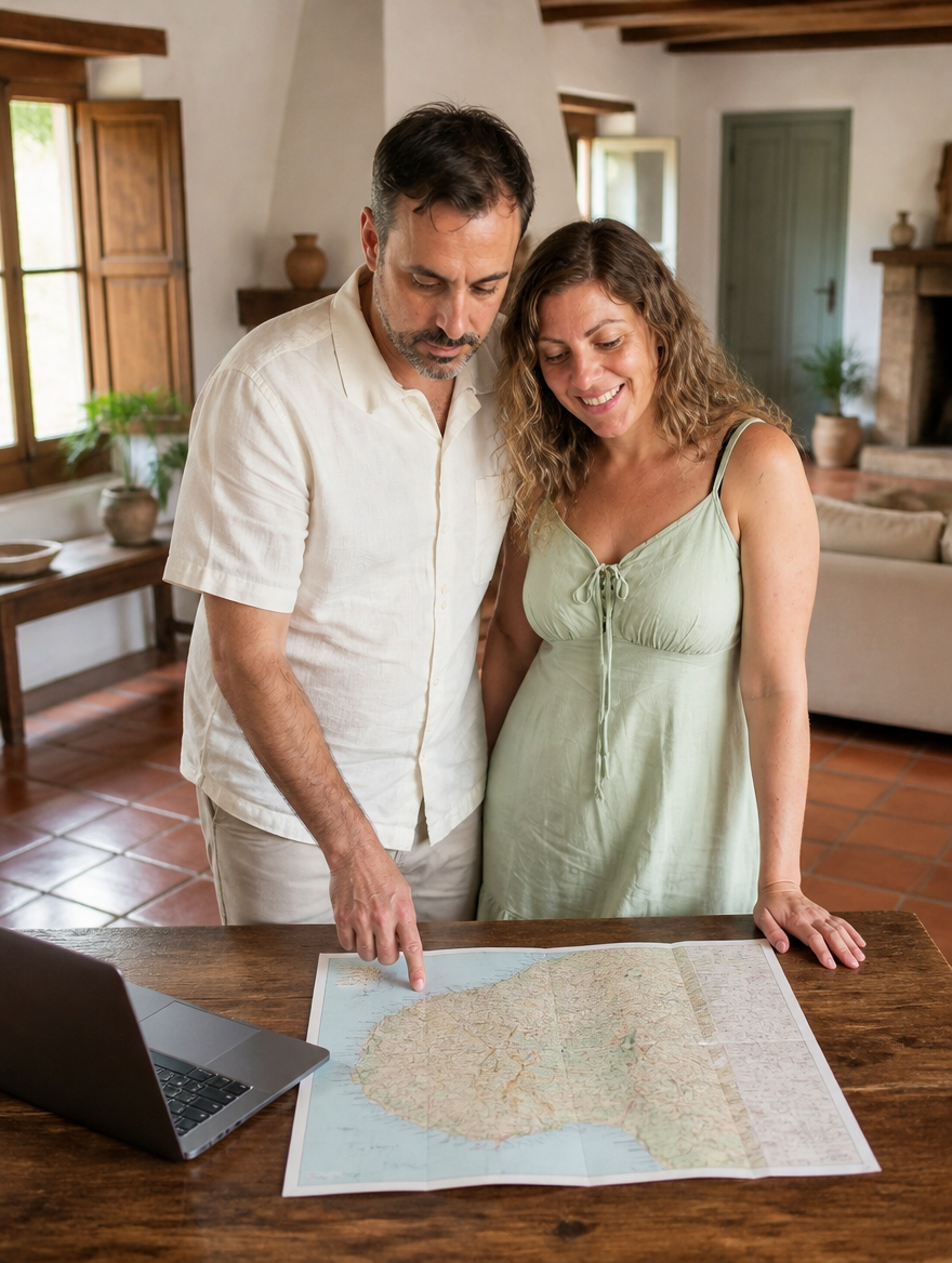 Bruno en Sheila plannen hun nieuwe leven met een kaart van Portugal