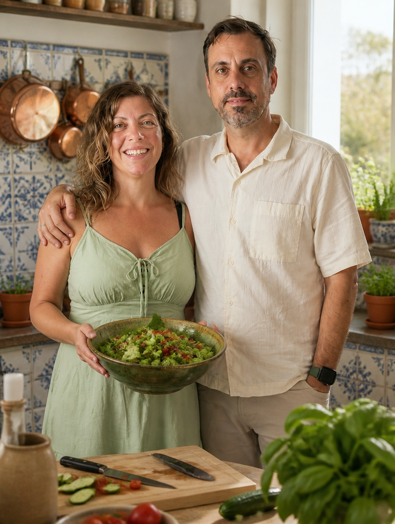 Stel lachend in een Portugese keuken met een schaal salade