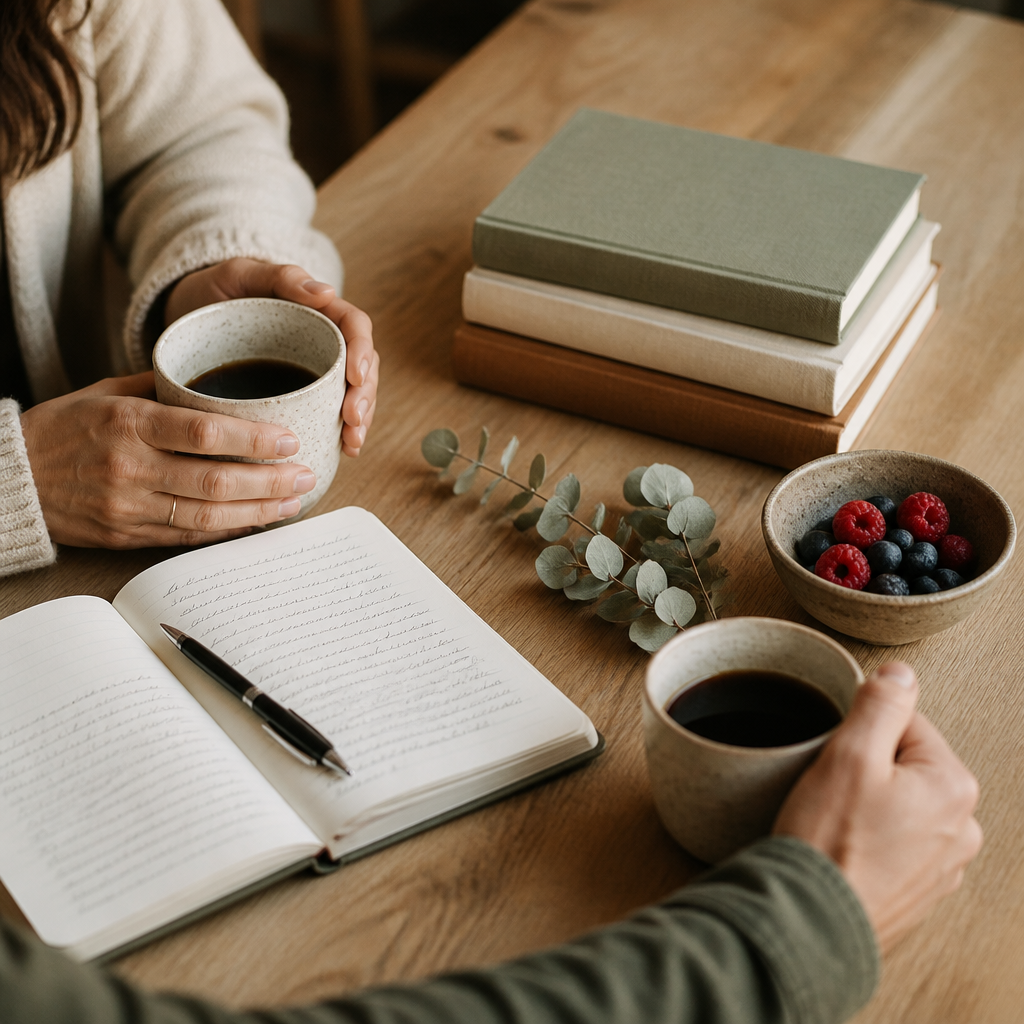 Koffie, boeken en een notitieboek op een houten tafel