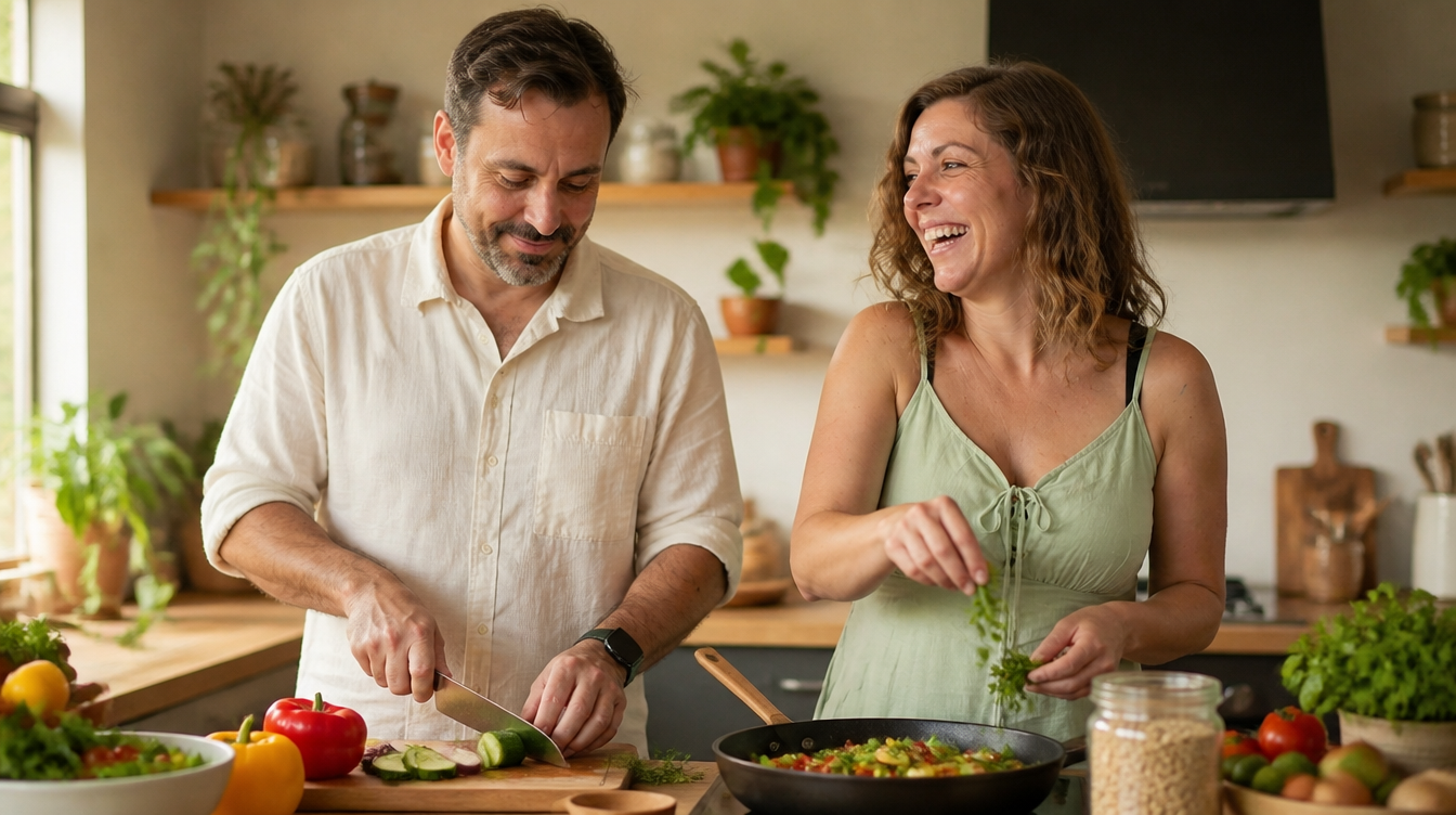 Stel kookt samen een gezonde maaltijd in een lichte keuken